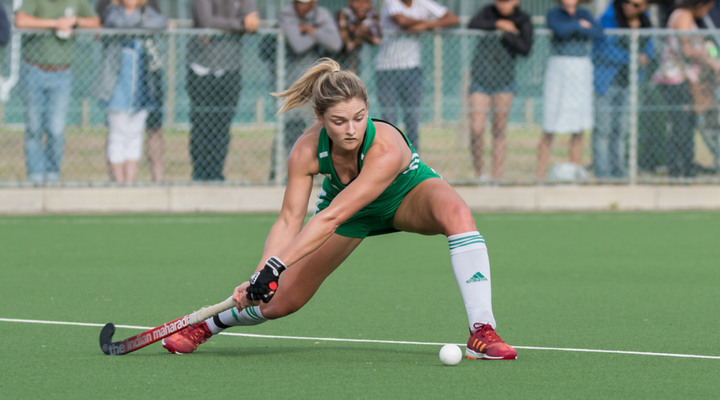 Irish Hockey player Chloe Watkins prepares to strike the ball for a goal